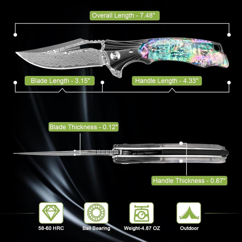 Zingbee Damascus Pocket Knife for Women, 3.15" VG10 Damascus Steel Blade EDC Folding Knife with Sheath, Abalone Shells Handle, Ideal Gifts for Woman Men - Image 2